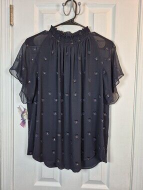 Camilla & Marc Silk Sheer Ruffle Embellished Top Size 4 Navy Luxury Blouse